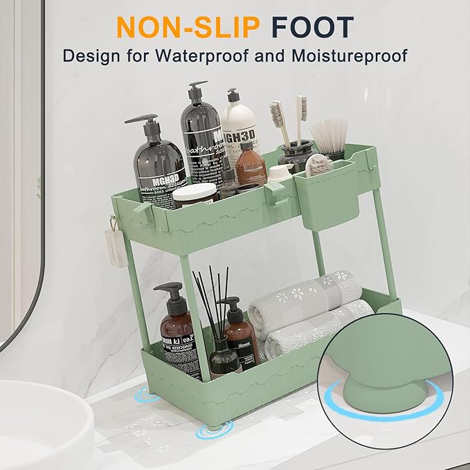 Sevenblue 2 Pack Under Sink Organizer, Under Bathroom Cabinet Organizer with Hooks Hanging Cup, Multi-Purpose Storage Shelf for Kitchen Bathroom (Green, 12.8 Inch)