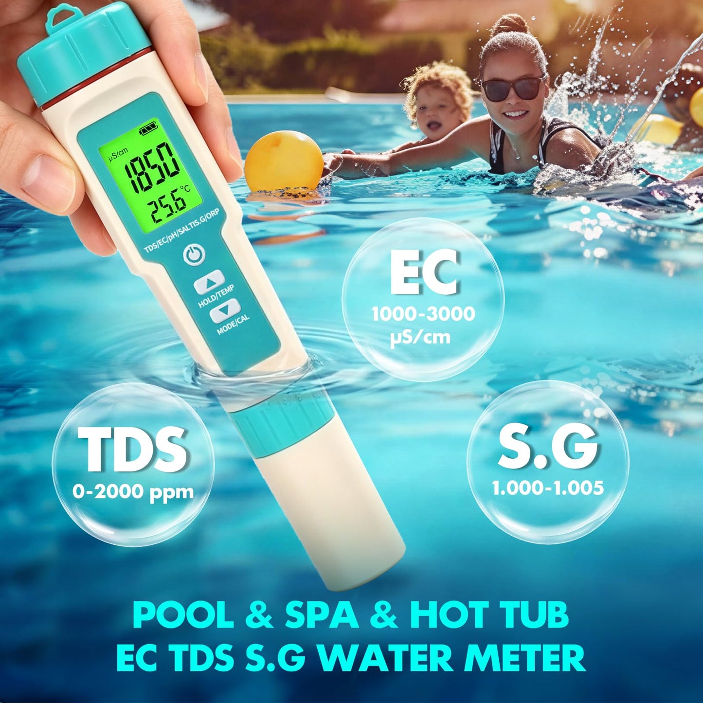 7 in1 Pool Thermometer, PH & Salt Meter, Digital Pool TDS EC ORP SG Salinity Test Kit, Professional High Accuracy Water Quality Tester & Monitor for Swimming Pool, Spa, Hot Tub, Hydroponics & Aquarium