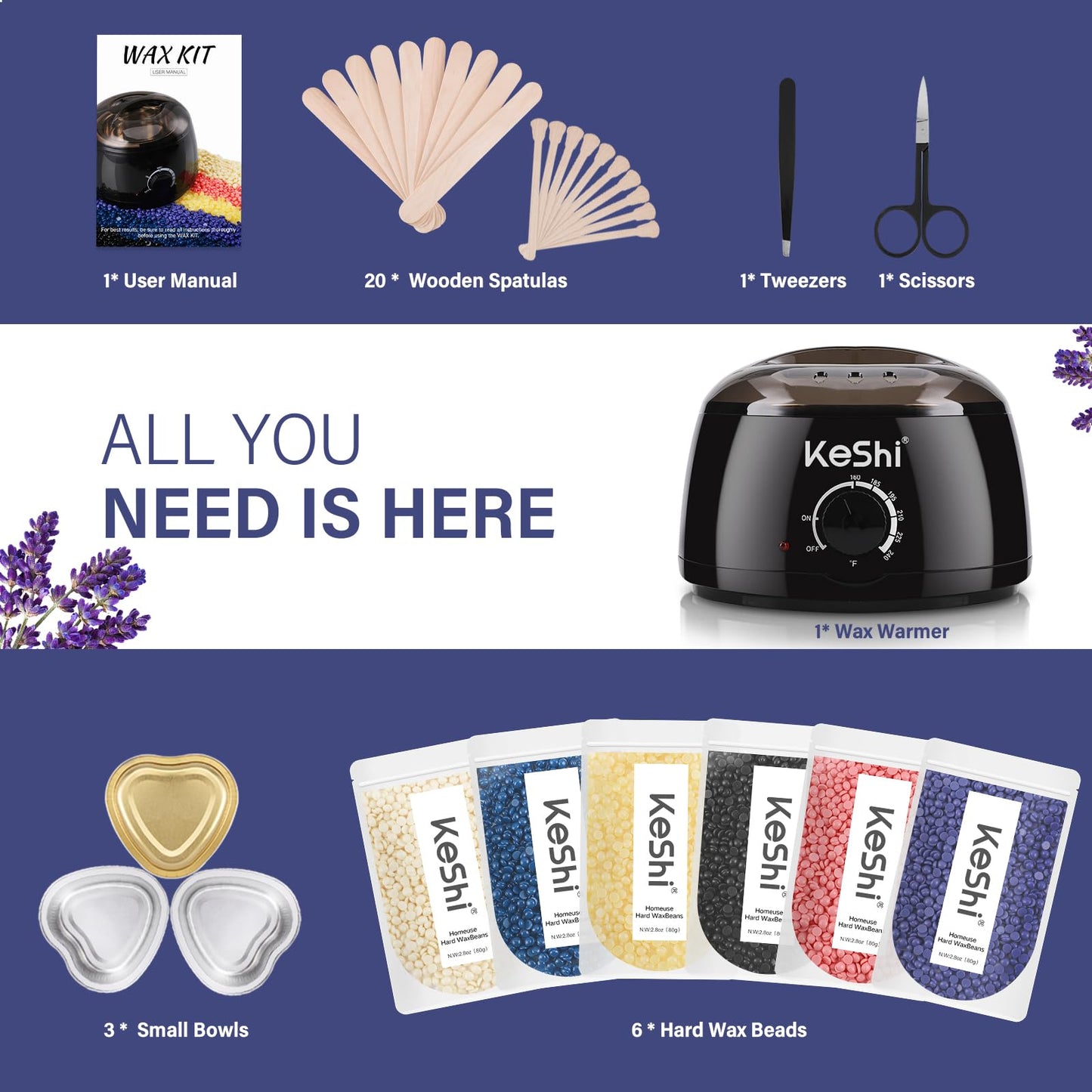 KeShi Waxing Kit, Painless Hair Removal Wax Warmer with 6 Bags Hard Wax Beans for Full Body, Legs, Face, Eyebrows & Bikini— Ideal for Both Women & Men