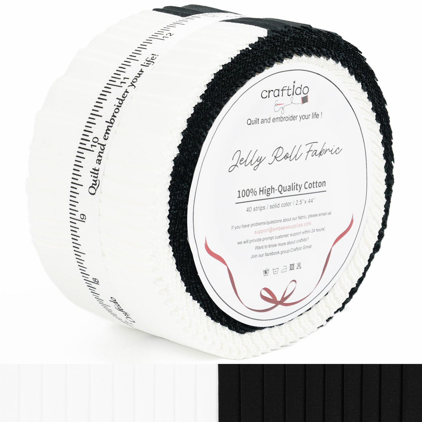 Craftido-18 Options-100% Cotton Jelly Roll Fabric Precut Strips for Quilting, Crafting, and Sewing, 40 Strips 2.5" x 44" Assorted Bundles for Rugs, Quilts, DIY Crafts and Home Decor-20 White+20 Black