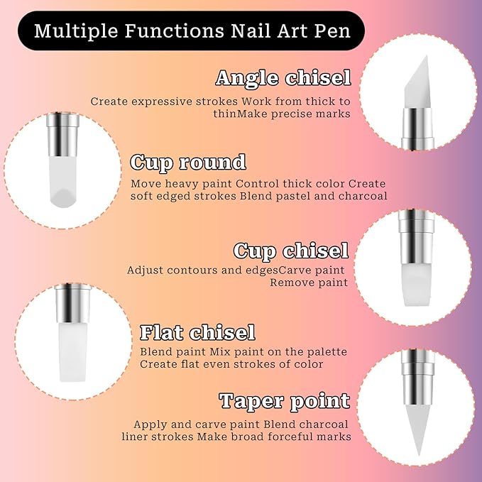 10PCS Nail Art Gel Carving Pen Rhinestone Handle Silicone Nail Art Pen Brushes for Design Foil Carving Drawing 3D Effect Shaping Drawing Dotting Tool