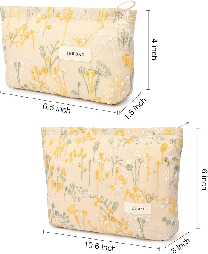 SOIDRAM 2 Pcs Makeup Bag Large Cosmetic Bag Toiletry Bag Makeup Pouch Travel Bag Organizer Cute Makeup Brushes Aesthetic Accessories Storage Bag for Women Wildflower Embroidery