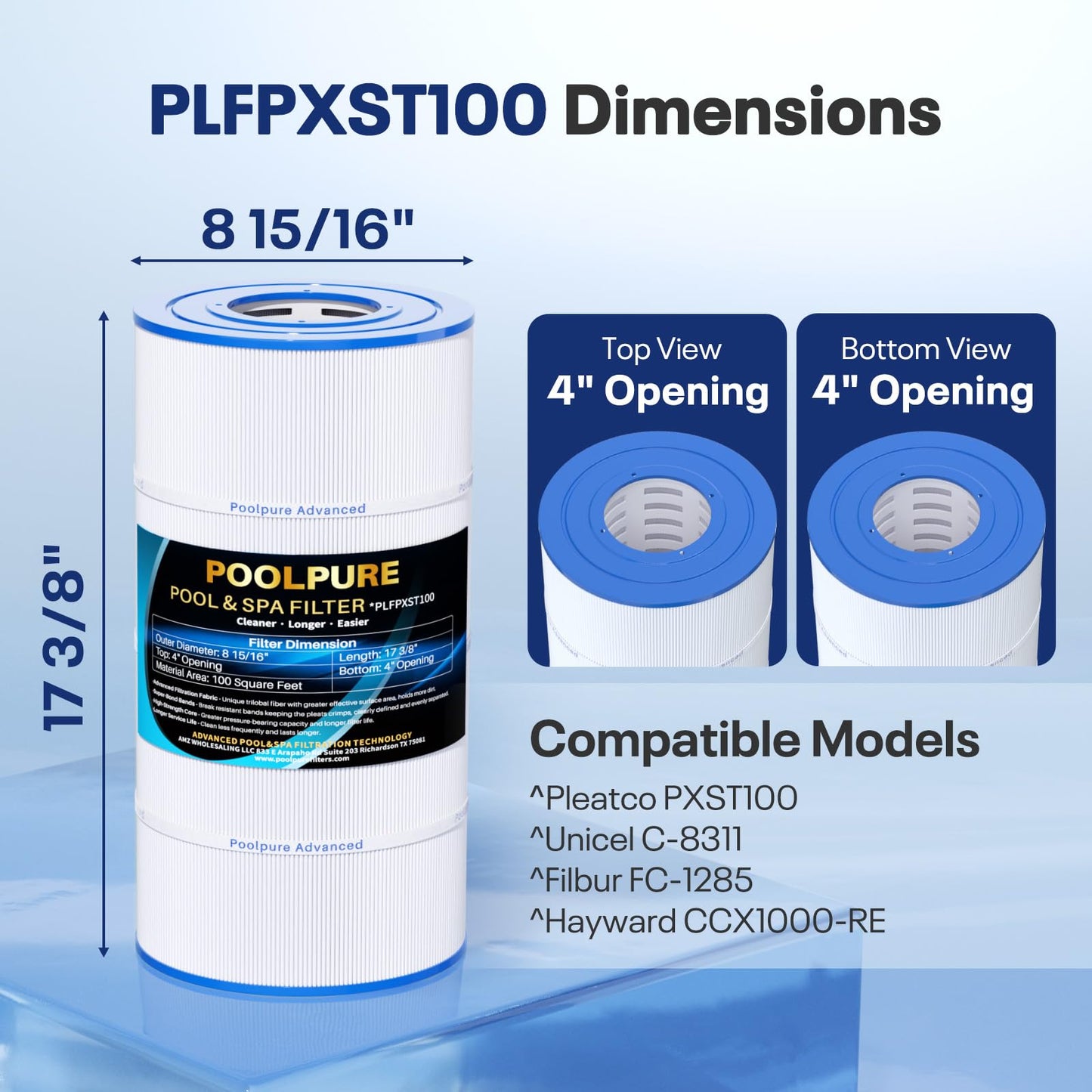 POOLPURE PXST100 Pool Filter Replaces Hayward X-Stream CC1000, CCX1000-RE, Pleatco PXST100, Unicel C-8311, Ultral-B6, Filbur FC-1285, 817-0100N/P, Waterway Pro Clean 100, L x OD: 17 3/8" x 8 15/16"