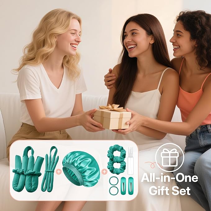 LitBear Heatless Curls Overnight, 2 Sizes of Soft Hair Rollers for Women with Bonnet to Sleep In, No Heat Hair Curlers Set with Scrunchies and Clips, for Long and Medium Hair (Green)