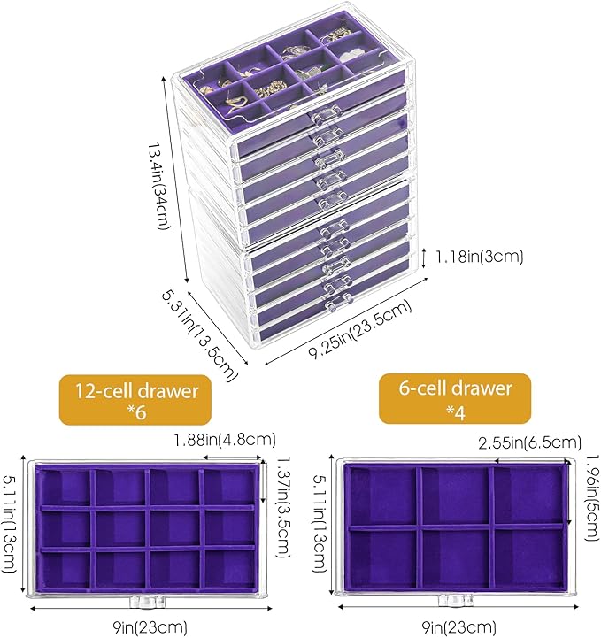 ProCase Earring Holder Organizer Jewelry Box with 10 Drawers, Acrylic Clear Earring Case with Adjustable Velvet Trays for Women - Purple,10 Layers