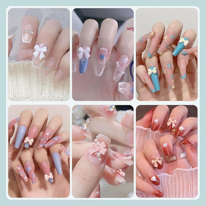 600pcs 3D Charms and Pearls Set - Pink, White, Lilac Nail Bows, Stars, Hearts + White Pearls (2-4mm) - DIY Decoration Tools