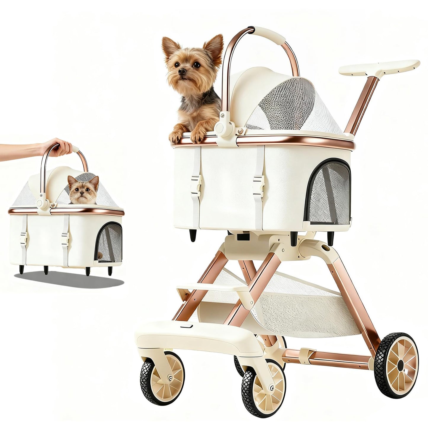 EPPMagice All-Terrain Pet Stroller for Small Medium Dogs & Cats, 20 lbs Capacity - Portable Carrier with One-Touch Brake, Lightweight Foldable Design & Shock Absorption Wheels,Beige