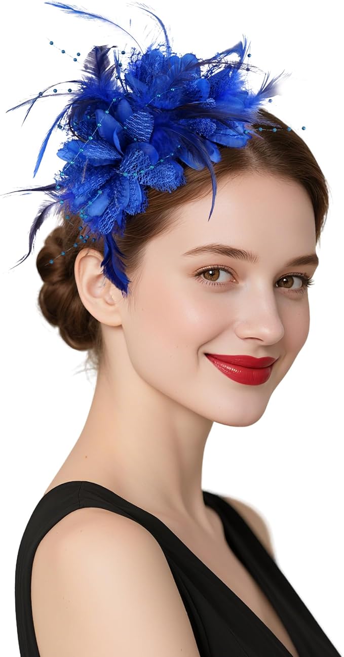 Womens Fascinators Hats Tea Party Hats for Women, Feather Pearl Veil Headband for Wedding Cocktail Dresses Accessories