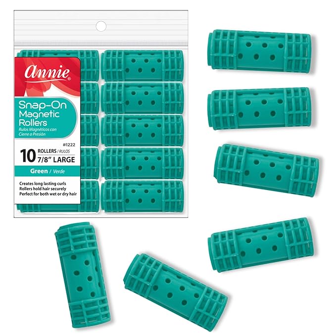 Annie Snap-On Magnetic Hair Rollers – Large 7/8 Inch with Locking Snap-Over Hood – Secure Hold No Pins Needed – Green, 10 Count