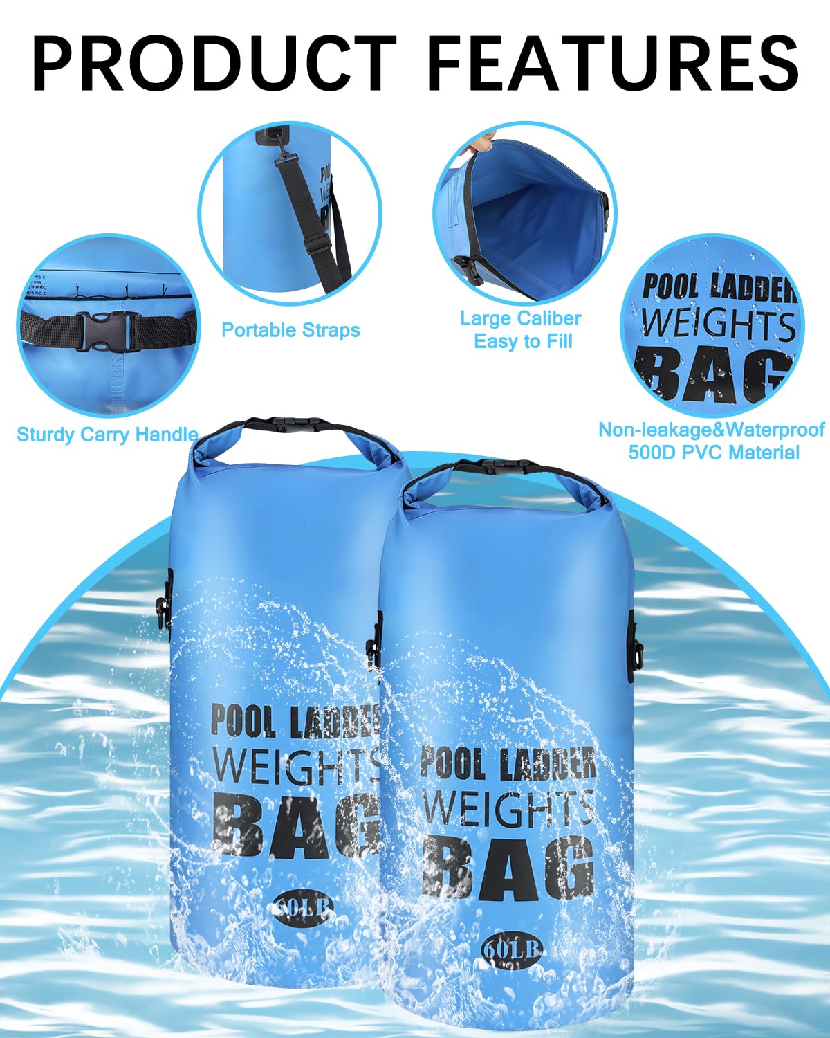 Piemow 2 Pack 25L/60LB Pool Ladder Weights - 500D PVC Waterproof & No Broken Sand Bag with Handle, Above Ground Pool Accessories for Stairs Stabilizing