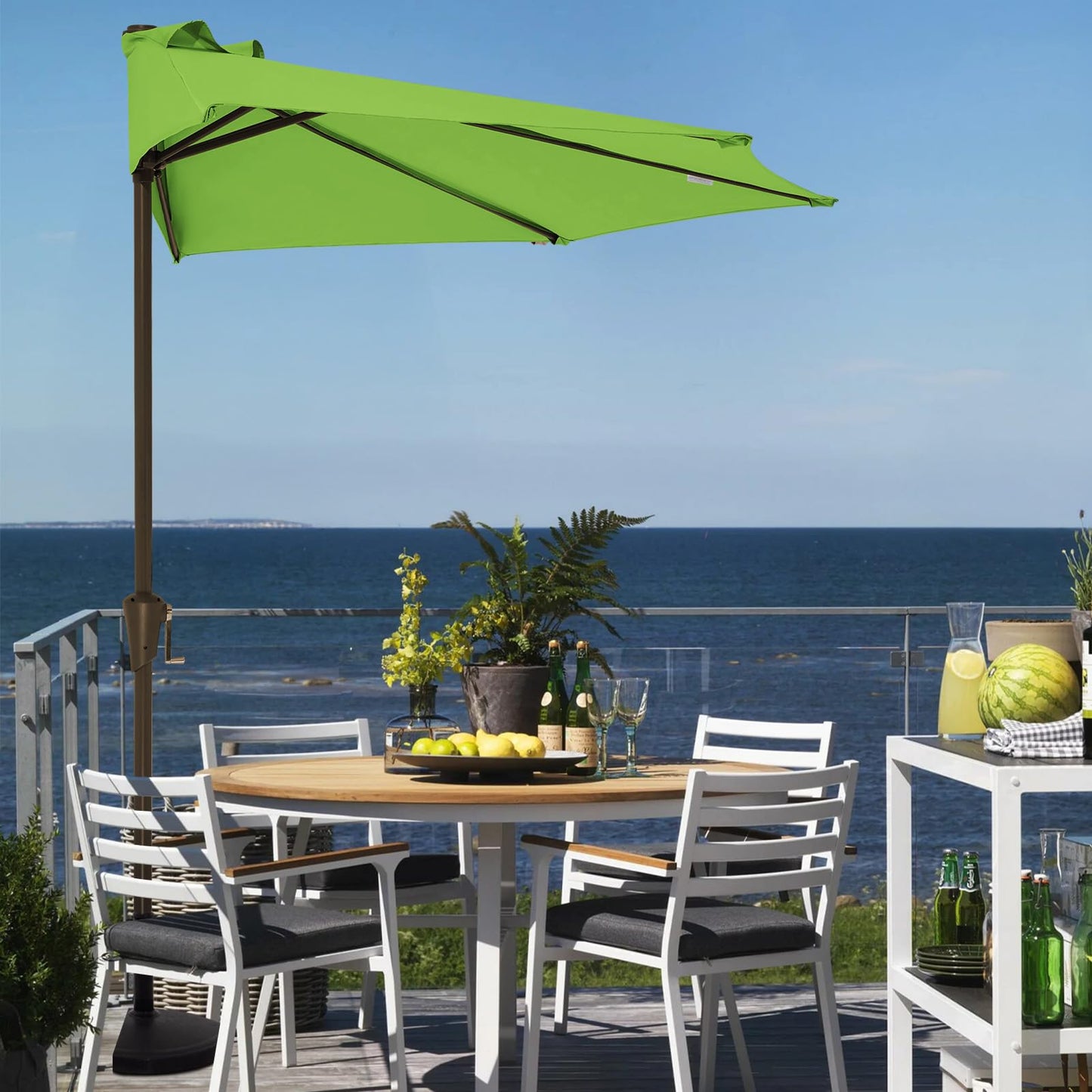 JEAREY 9ft Half Umbrella Outdoor Patio Umbrella Market Umbrellas with Crank, 1/2 Round Wall Umbrella 5 Sturdy Ribs UV Protection for Pool Garden Balcony Deck, Grass Green
