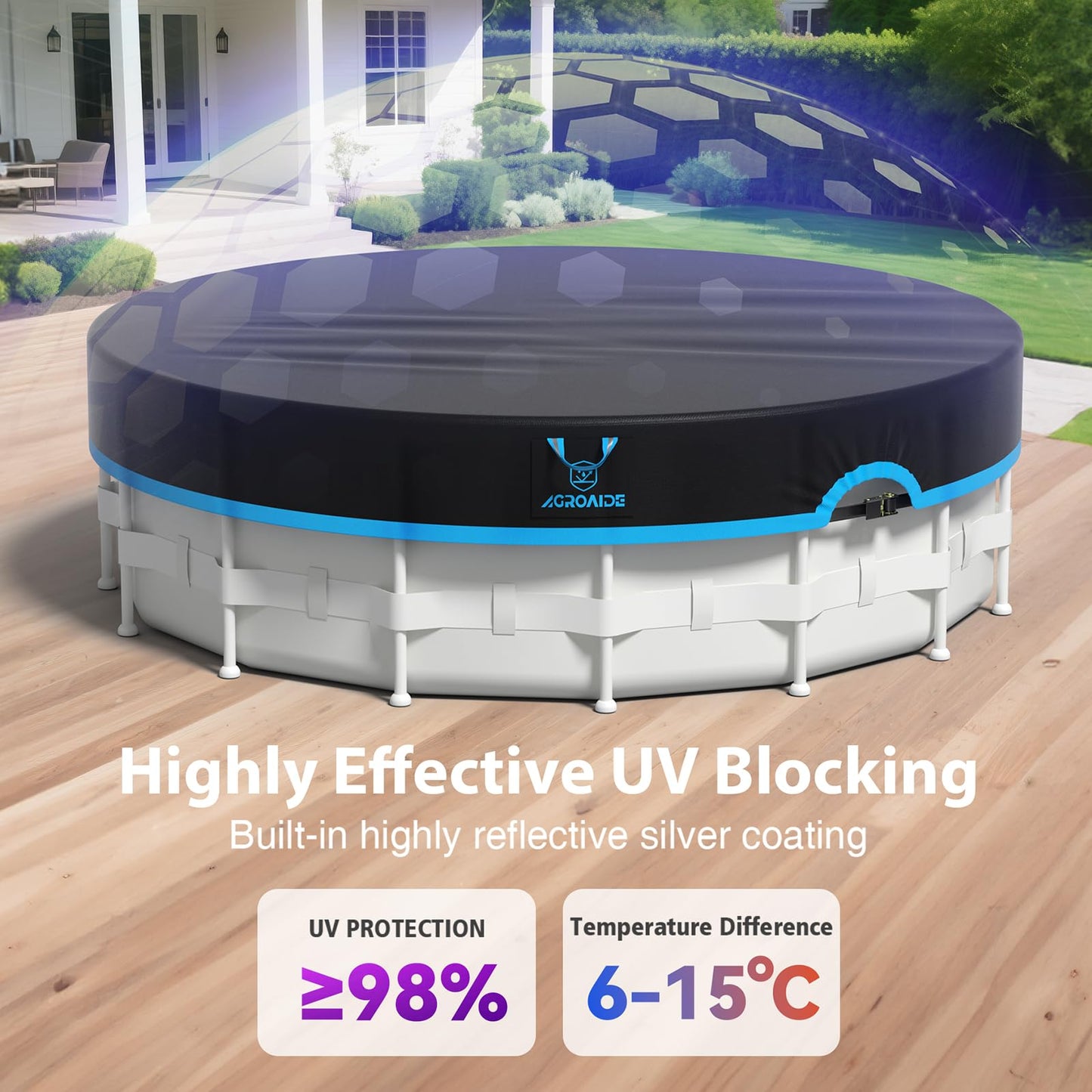 AGROAIDE Pool Cover 12ft Round, Upgraded Tear Resistance & Seamless Side Design, All Season Protection - Snug Fit & Easy Set