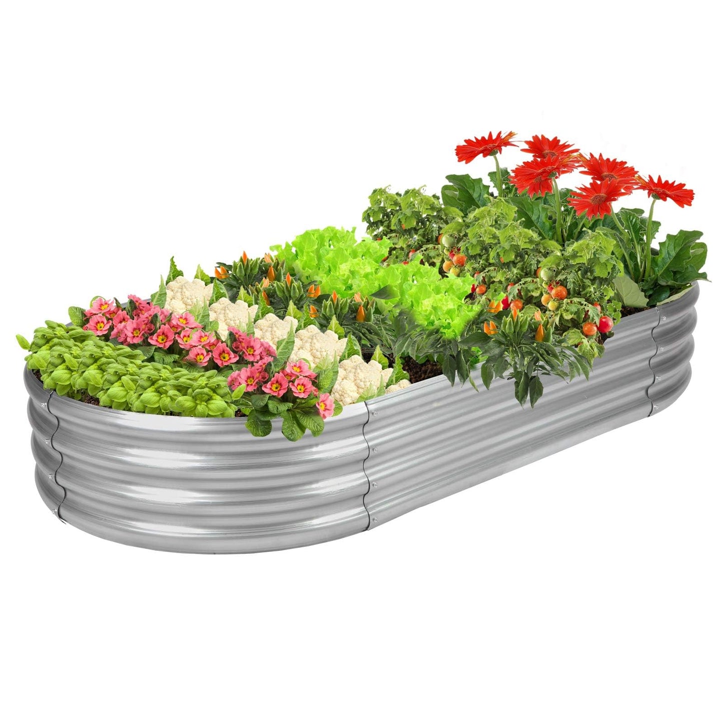 Rakukiri Raised Garden Bed GRS Certified Galvanized Planter Box Outdoor, 5ft Oval Rot-Resistant Metal Garden Bed Planter, Recycled Material Planter for Vegetables Flowers Herbs (Silver)