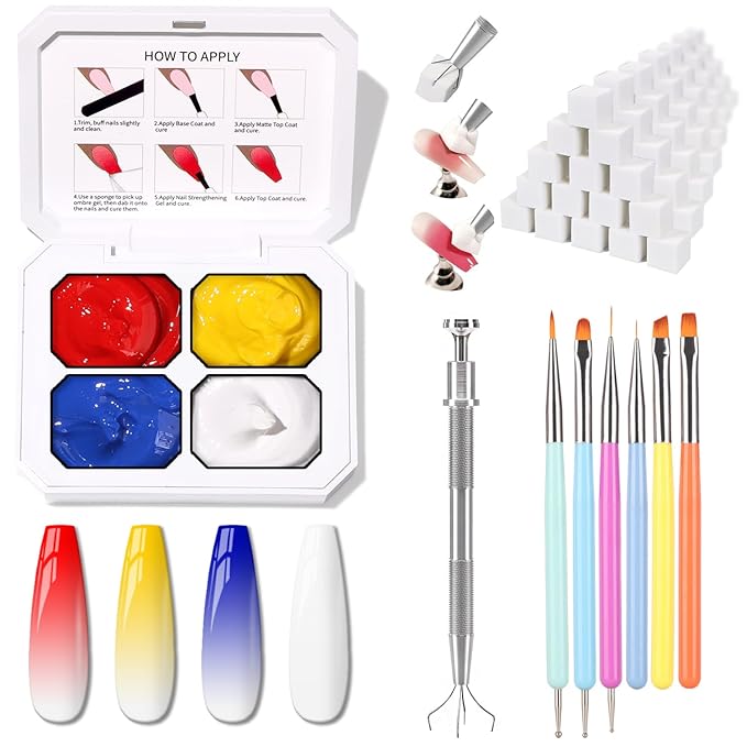 Patting Gel Nail Polish Set, Ombre Gel Polish Palette 100pcs Sponges 6pcs Brushes 1 Grabber, Blue Red Yellow White Primary Colors Blending Painting Art, No Wipe, UV/LED Cured (4 Colors Set A)