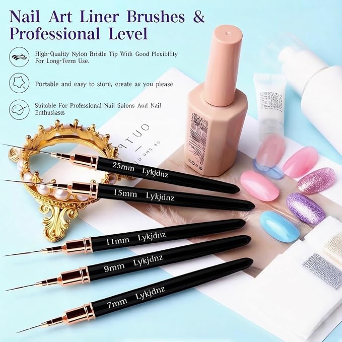 5Pcs Nail Art Liner Brushes, Liner Brush for Nails Gel, Thin Nail Art Brush, Sizes 7/9/11/15/25 mm, 3Pcs Nail Art Clean Up Brushes for Nail Design Painting DIY and Clean Polish Mistake On The Cuticles
