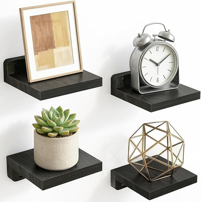 Fixwal Wall Shelves, 5x5 Inches Small Floating Shelf, Rustic Wood Wall Mounted Shelves for Bedroom, Living Room, Kitchen, Bathroom Decor (Set of 4, Black)