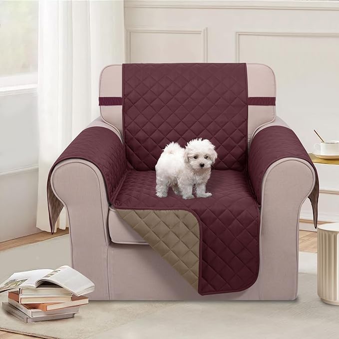 U-NICE HOME Recliner Chair Covers Reversible Chair Cover Pet Covers for Dogs with Elastic Straps Water Resistant Diamond Quilted (23''Armchair, Burgundy/Tan)