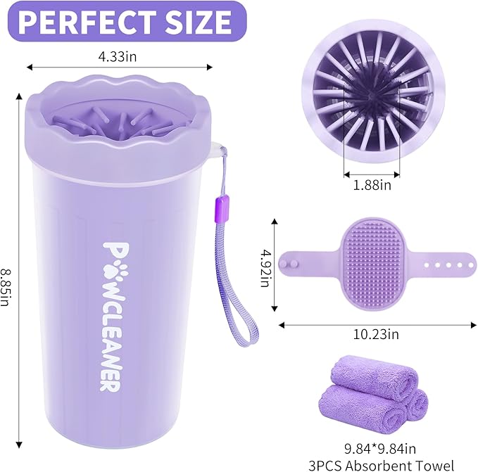 Professional 7 in 1 Dog Paw Cleaner for Dogs & Cats - Includes 1 Portable Paw Washer, 1 Bath Brush, 2 Dog Toothbrushes and 3 Absorbent Towels Note: Fits Paws 2.5 to 3.5 Inches Wide (Large, Purple)