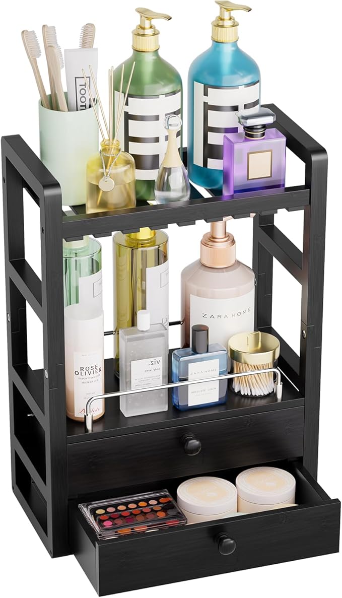 AmazerBath Bamboo Bathroom Countertop Organizer, 2-Tier Makeup Organizer with 2 Drawers, Vanity Organizer Storage Coffee Matcha Station, Compact Shelf for Bathroom Kitchen Office, Black