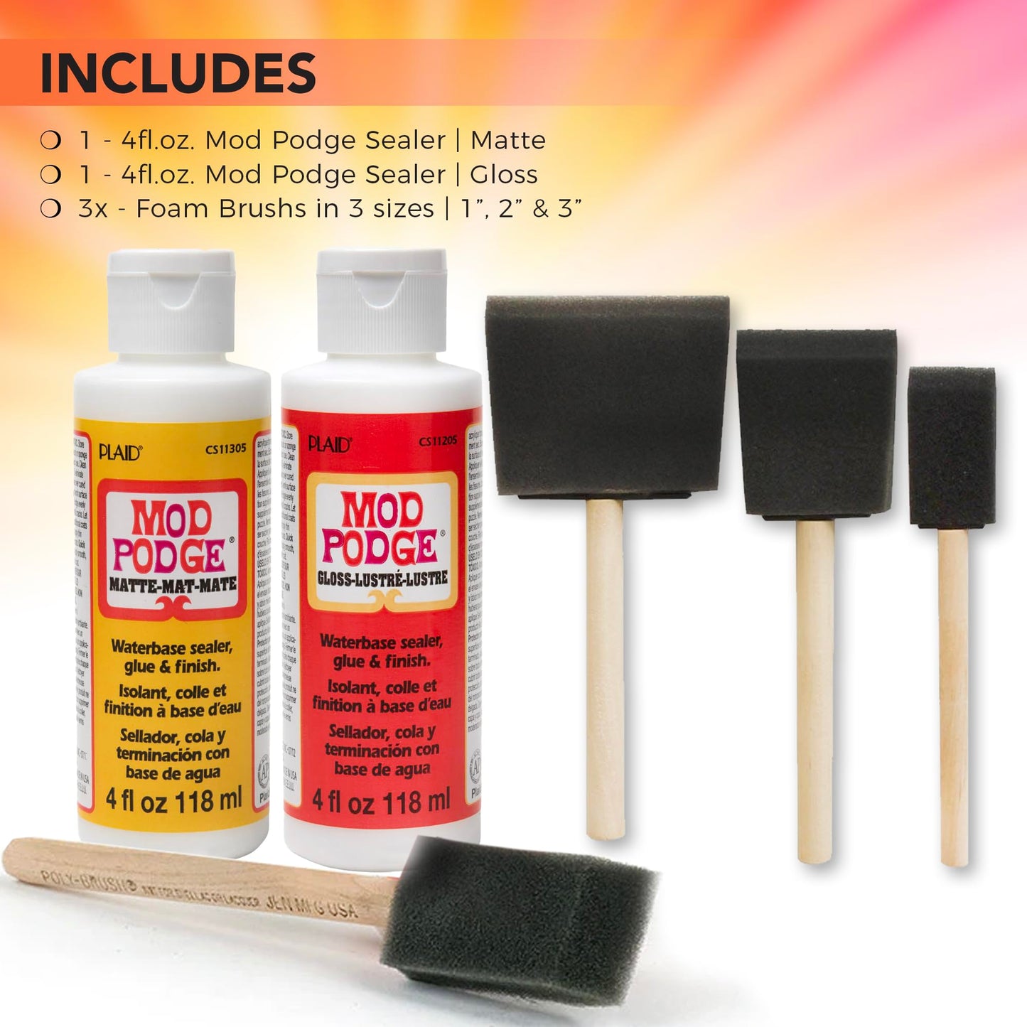 Mod Podge Decoupage Starter Kit, Gloss and Matte Medium with 3 Pixiss Foam Brushes, Waterproof for Puzzles, Wood and More