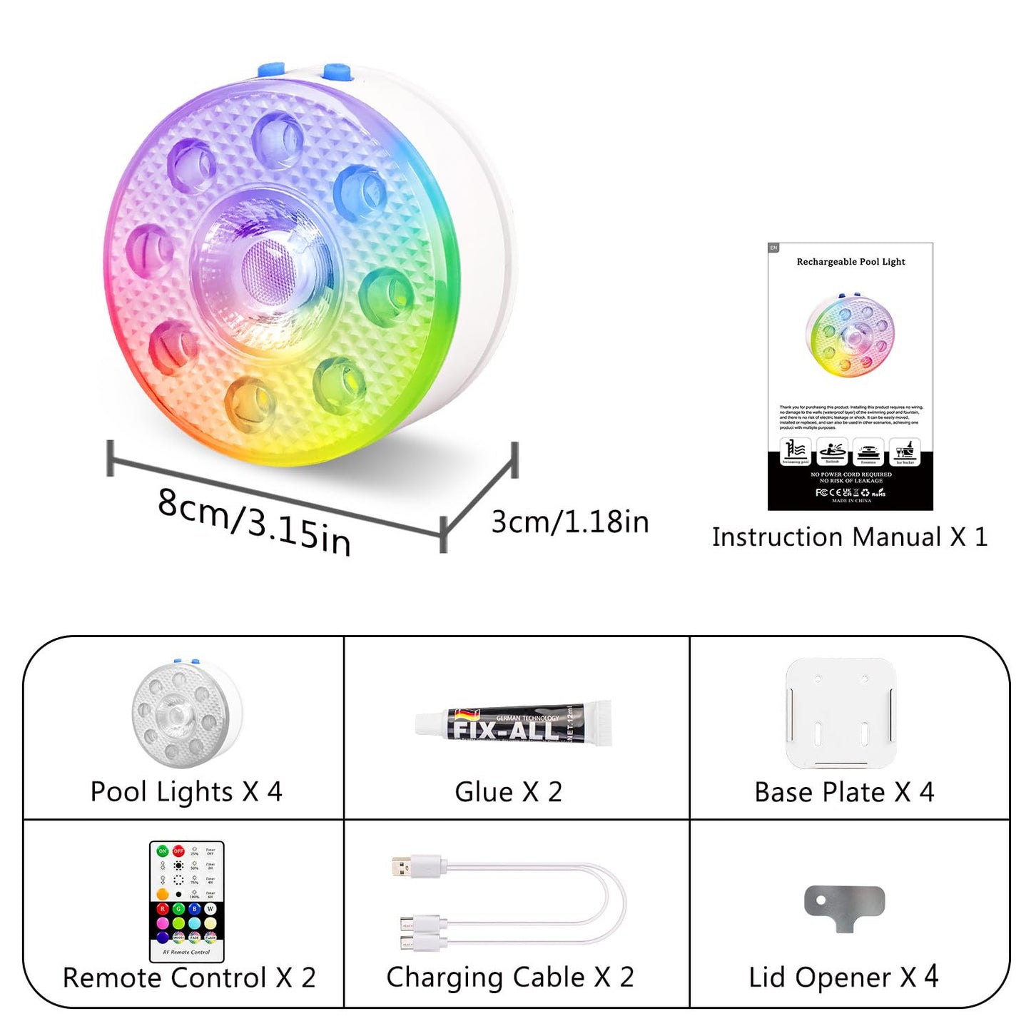 Underwater Pool Lights for Above Ground Pools and Inground Swimming Pools with Remote Timer Off, Magnet RGB Submersible LED Lights Rechargeable Spotlight 16 Colors 9-Mode, Hot Tubs, Fountain -4Pack