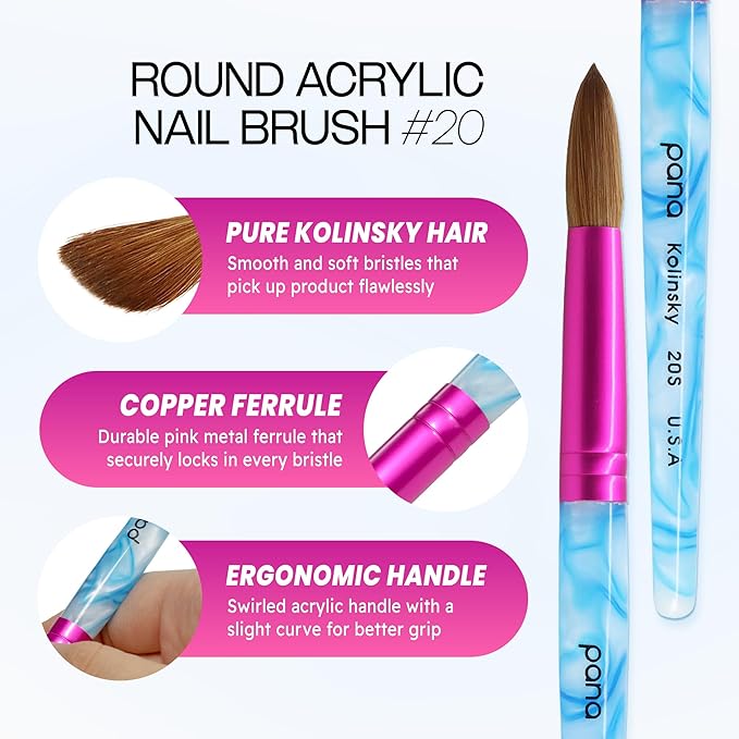 PANA Pure Kolinsky Hair Acrylic Nail Brush - Round Shape Pink Ferrule with White Swirl Blue Handle (Size 20)