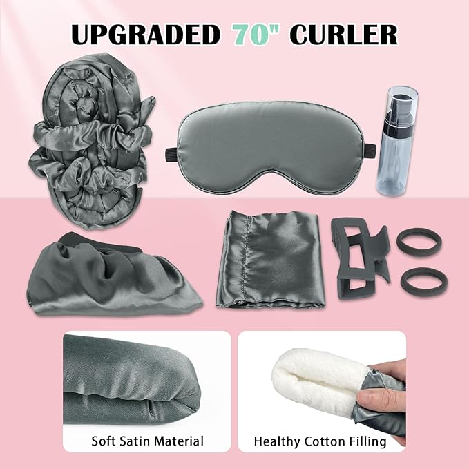 Gwabee Satin Heatless Curls Overnight Hair Curlers to Sleep In Hair Curler Rollers No Heat Hair Wrap for Curls Headband, 70" Satin Heatless Curling Rod Set for Women Long Waves Hair Volume -Grey 10PCS