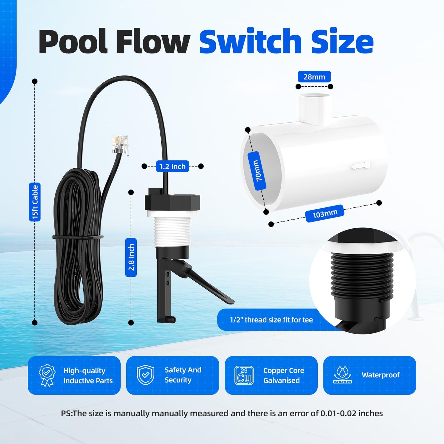 Hoodutric Flow Switch, GLX-FLO-RP for Hayward Goldline Aquarite Salt System Pool Flow Sensor Suitable Aqua Rite Swimming Pool Salt Cell System Assembly with Tee and 15ft Cable
