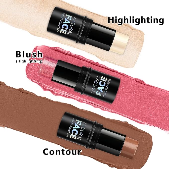 3Pcs Cream Contour Stick Makeup Kit, Shades with Highlighter, Blush and Bronzer Contour Stick for Sculpt the Cheeks, Long Lasting, Waterproof, Matte & Dewy Finish (LIGHT)