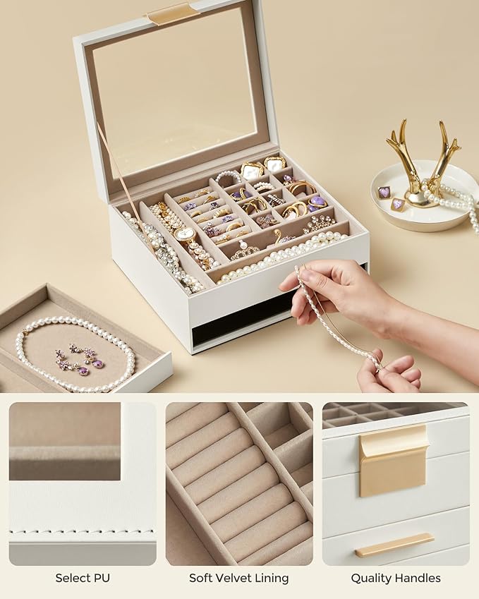 SONGMICS GISELLA Collection - Jewelry Box Organizer, 2-Layer Jewelry Storage with 1 Drawer, Shiny Metal Hardware, Glass Lid, Modern, 8 x 9.1 x 4.1 Inches, Cloud White and Gold Color UJBC174W01