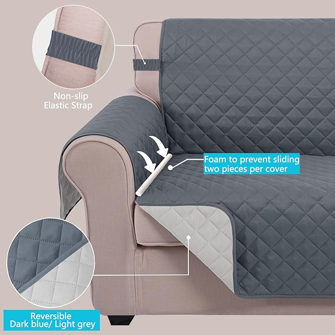 U-NICE HOME Reversible 4 Seater Sofa Cover 91 Inch Large Couch Covers for 4 Cushion Couch with Elastic Straps Water Resistant Furniture Protector for Pets Cat (Sofa XX-Large, Dark Blue/Light Grey)