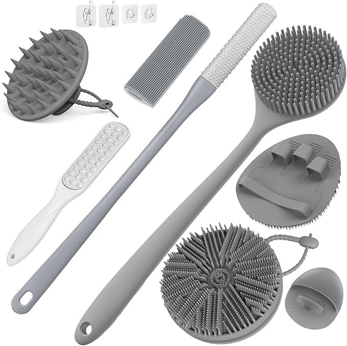 Manmihealth Silicone Back Scrubber & Soft Shower Brush, Silicone Scalp Massager, Toe Cleaning Brush Set 8 PCS, Body Foot Scrubber & Shampoo Brush Combination, with 4 Free Hooks (Style 1 Gray)
