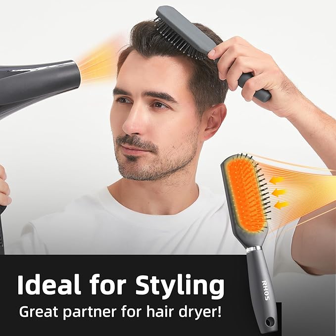 RHOS Hair Brush for Men - Detangler Hair Brush for Styling/Massage - Nylon Bristles with Cushion for Wet & Dry Hair, Bangs, Thin, Short Hair - Gray