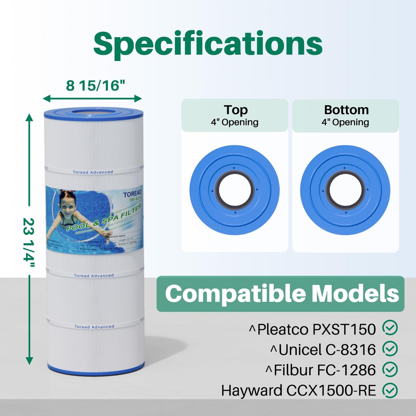 TOREAD PXST150 Pool Filter Replaces Hayward X-Stream CC1500, CCX1500-RE, Pleatco PXST150, Ultral-B3, Unicel C-8316, Filbur FC-1286, Waterway Pro Clean 150,150 Sq.Ft Filter Cartridge, 1 Pack