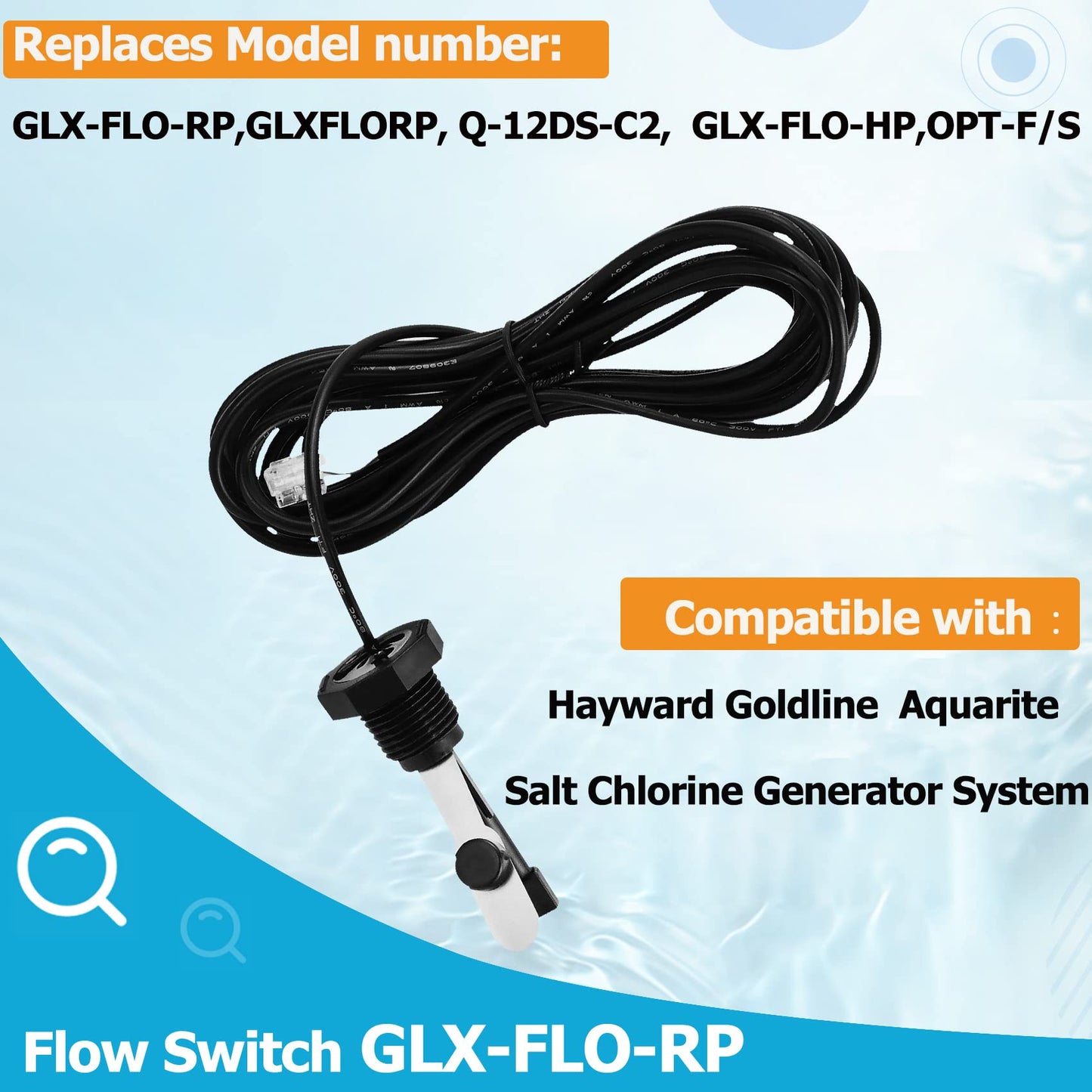 Cooouds GLX-FLO-RP Flow Switch Assembly for All Hayward Goldline Aquarite Salt Systems, Metal Induction Structure Pool Flow Sensor Suitable Hayward Salt Cell & Chlorine Generator with 15-Feet Cable