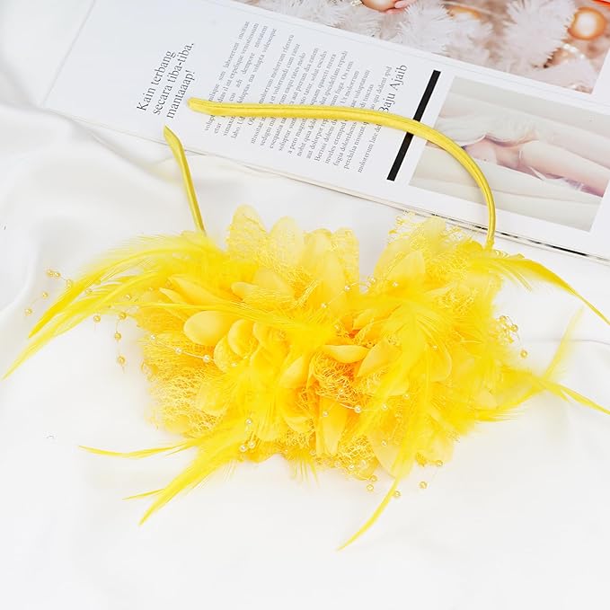Womens Fascinators Hats Tea Party Hats for Women, Feather Pearl Veil Headband for Wedding Cocktail Dresses Accessories