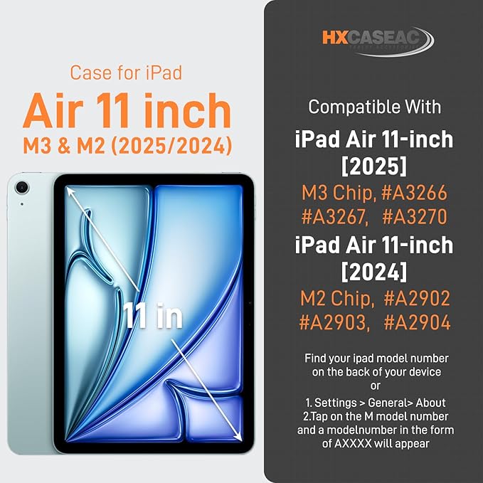 HXCASEAC Case for iPad Air 11 inch (2025 M3 / 2024 M2), Shockproof Design with Pencil Holder/Screen Protector/Rotating Hand Strap, Protective Cover for iPad Air 7th/6th Generation - Orange