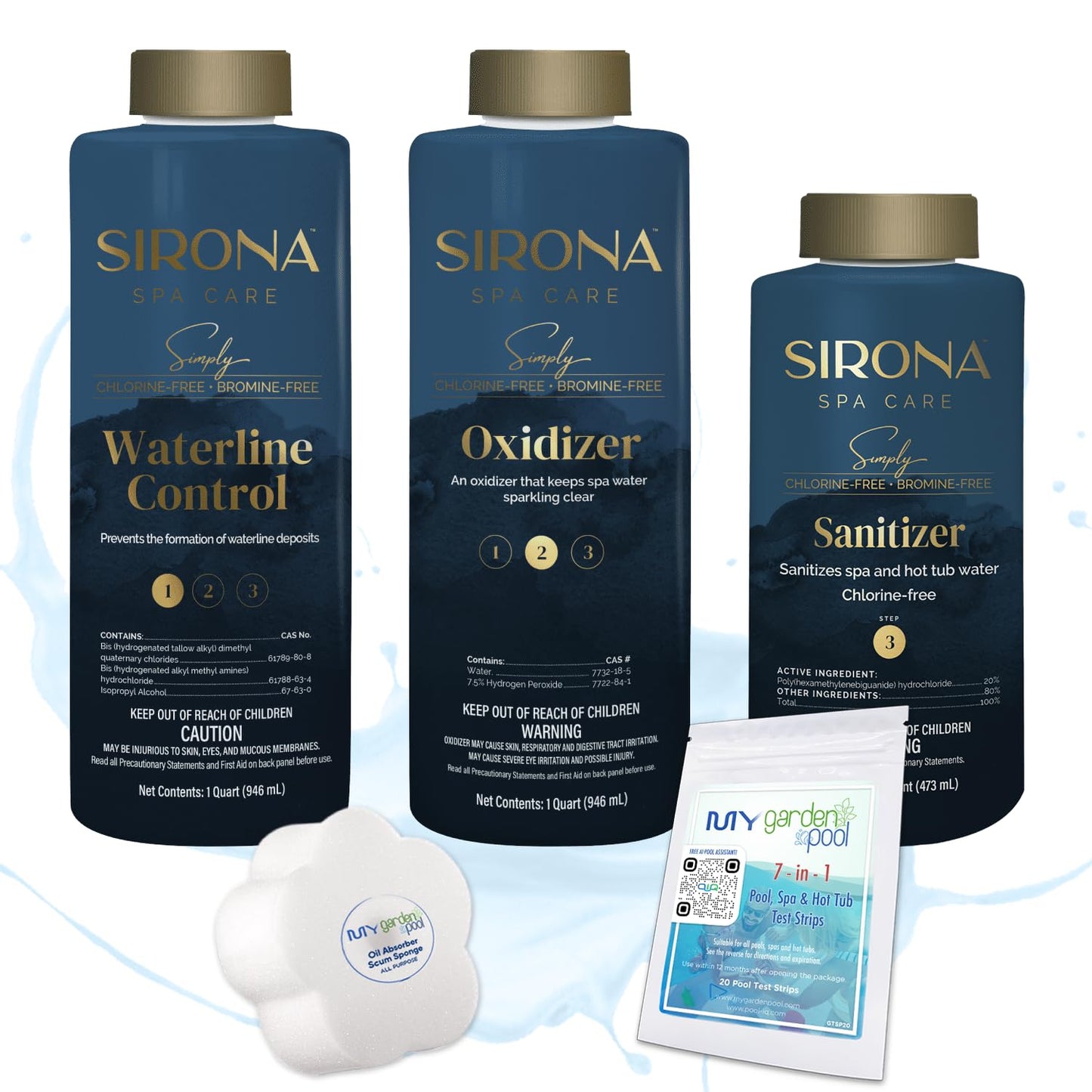 Sirona Simply Hot Tub Care Kit: Waterline Cleaner, Oxidizer, Non-Chlorine Sanitizer with My Garden Pool 20 Ct. Test Strips & Scum Sponge Flower Oil-Absorbing Sponge for Hot Tubs and Pools