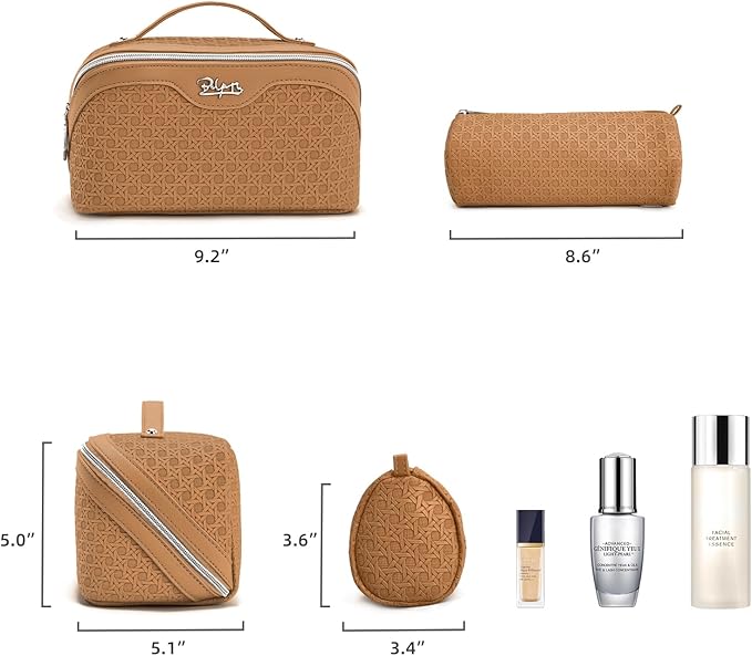 BOYATU Travel Makeup Bag Cosmetic Bags for Women: Large Capacity 3 Pcs Set Make up Bag with Compartments - Waterproof Vegan Leather Toiletry Organizer Bags with Handle (M-74Yellow Brown)