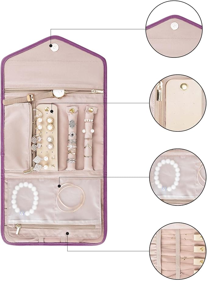 BAGSMART Travel Jewelry Organizer Roll Foldable Jewelry Case for Journey-Rings, Necklaces, Bracelets, Earrings,Purple