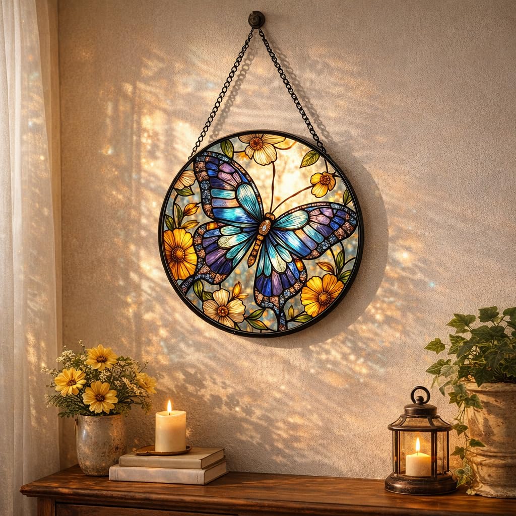 JAWNLITY Butterfly Stained Glass Suncather for Window Hanging, 6.3'' Blue Butterfly Ornament Gift for Women, Nature-Inspired Wall Art Home Decor Gifts for Mom, Grandma, Mother's Day (Blue, 6.3'')