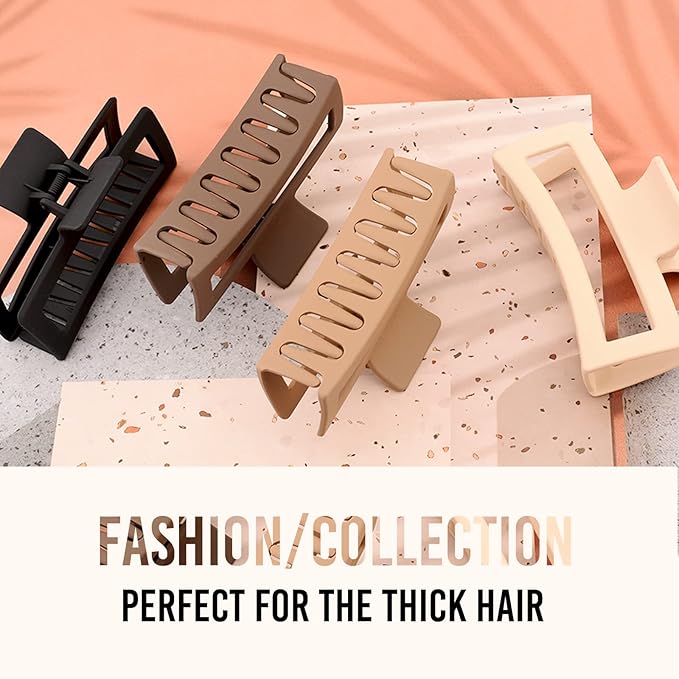 5 Inche Extra Large Claw Clips for Thick Hair and Long Hair, 4 Pack Xl Jumbo Claw clips, Oversized Matte Non-slip Rectangle Hair Clips for Women, Big Strong Hold Jaw Clip,Neutral Color