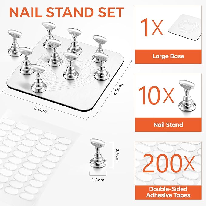 Makartt Nail Stand for Press-On Nails: Strong Magnetic, Large Flat Metal Base Holds 10 Tips at Once, Stable Holders for Nail Art Practise, Batch Painting, Design, Curing, Display, DIY Home & Salon Use
