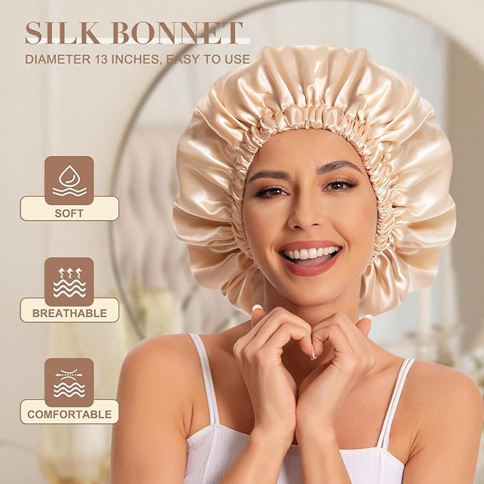 Satin Bonnet Silk Bonnet Hair Bonnet for Sleeping-Slouchy Beanie Hat Satin Sleep Cap for Women's Natural & Curly Hair(Black&Champagne)