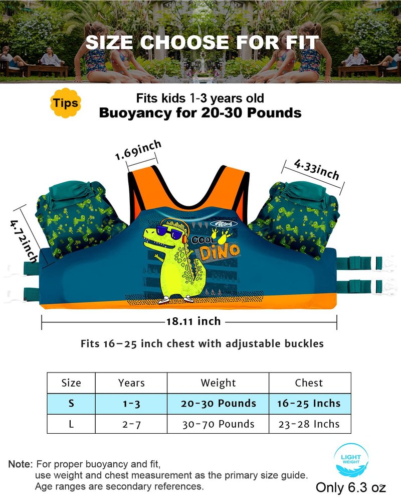 AEOCOO Puddle Float Jumper 20-30 Pounds, Toddler Swim Vest for 1-2-3 Years Old, Pool Floats with Swimming Arm Floaties Swim Jacket with Water Wings for Kids Swimmies, Boys, Girls, Niños, Cool-Dino