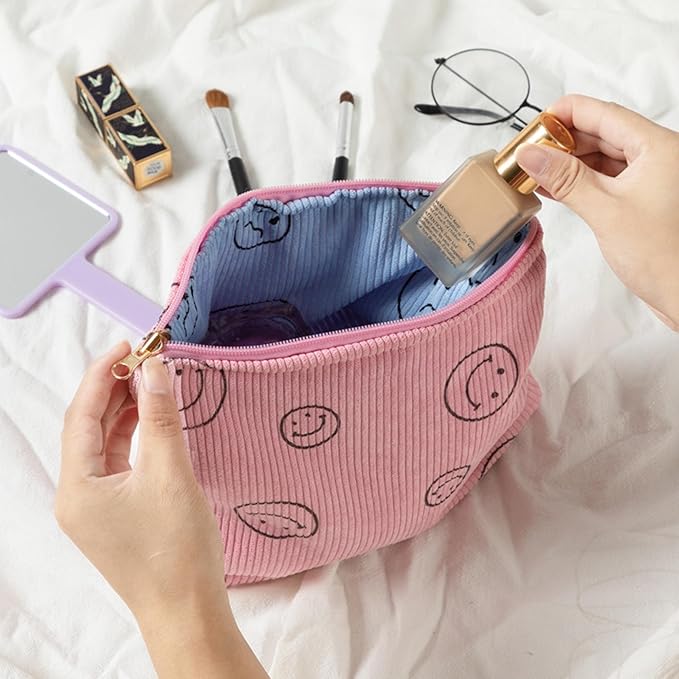 Cosmetic Bags for Women - Corduroy Cosmetic Bag Aesthetic Women Handbags Purses Smile Dots Makeup Organizer Storage Makeup Bag Girls Case Bags (Double Pink Blue)