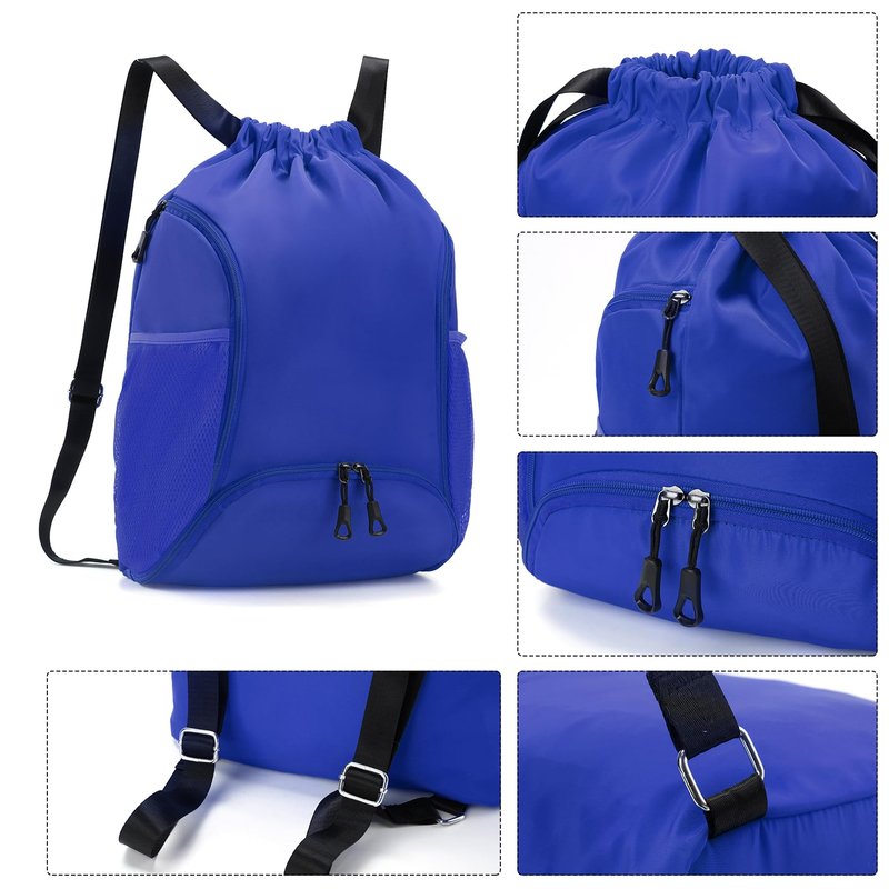 Valleycomfy Sports Gym Bag Drawstring Backpack with Shoes Basketball Bag and Two Water Bottle Holder,Sapphire Blue