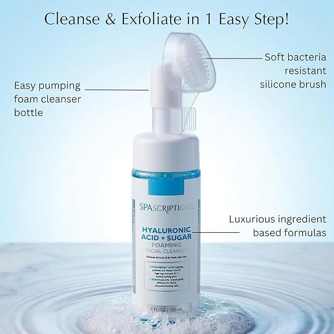 SpaScriptions 2 in 1 Cleanse & Exfoliate Foaming Facial Cleanser - Hydrating Hyaluronic Acid Face Wash with Sugar for Dry Skin with Soft Silicone Brush for Daily Cleansing, All Skin Types, 5 oz