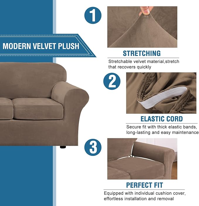 H.VERSAILTEX Modern Velvet Plush 4 Piece High Stretch Sofa Slipcover Sofa Cover Furniture Protector Form Fit Thick Velvet Sofa Cover for 3 Cushion Couch Width Up to 90 Inch (Sofa, Mocha)
