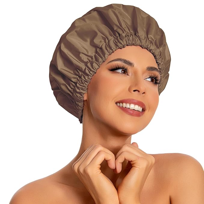 Reusable Shower Cap for Women, Large Waterproof Shower Bonnet with Elastic Band, Washable Bath Hair Cap for Long, Curly Hair, Braids, Daily Shower, Home Spa, Travel(Brown)